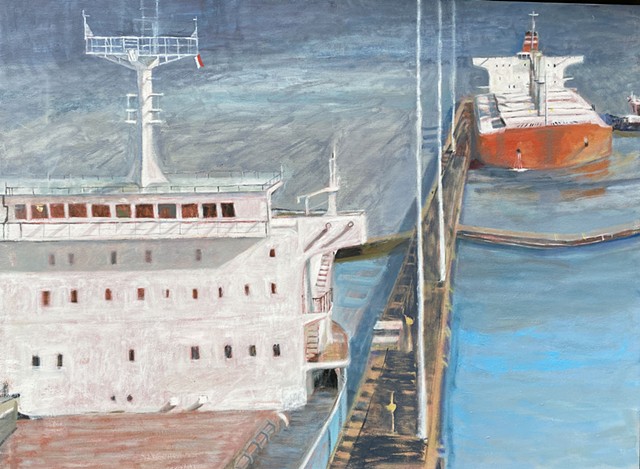 freighters in canal, ships in canal , ship painitng, freighter painting, ship art