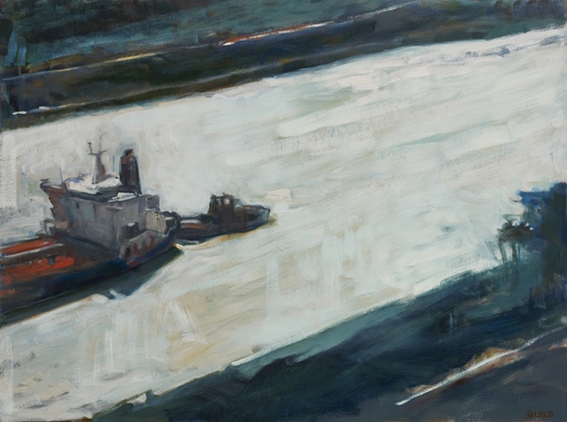 freighter in panama canal, oil painting of ship