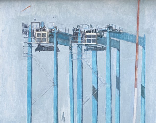 derricks, ship cranes, loading dock, shipyard art