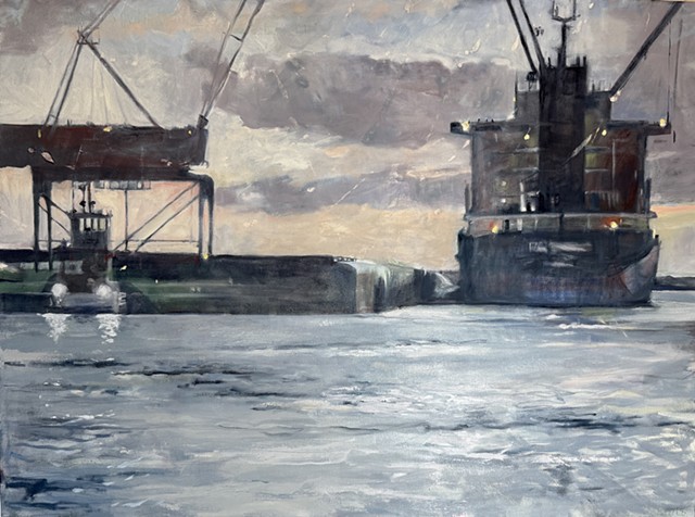 Chesepeake Bay, freighters, dawn departure, shipping east coast, marine art