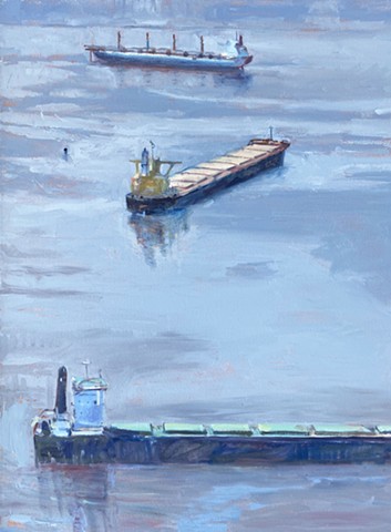 ships at anchor, ship paintings, freighters at anchor, tanker paintings