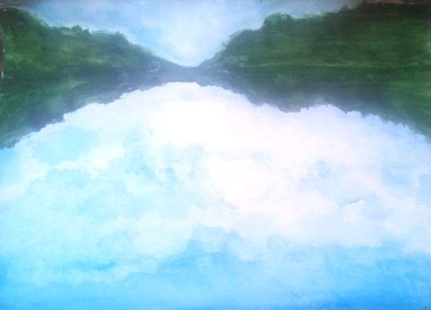 watercolors, water, lake, reflections, landscape