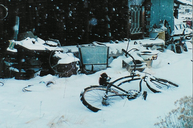 Snow storm and bike outside our window