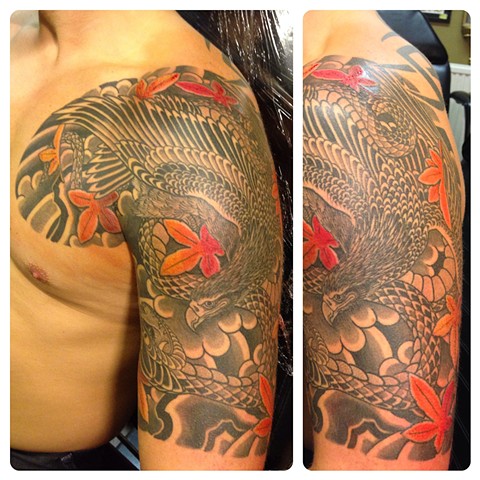 Eagle, Snake and Maple leaves half sleeve japanese tattoo irezumi horimono wabori fil wood