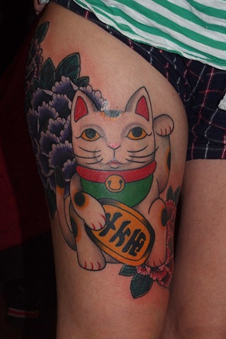 Maneki neko lucky cat and peony japanese tattoo japanese tattoo irezumi horimono wabori fil wood