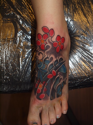 Fighting fish and cherry blossom foot tattoo japanese tattoo irezumi horimono wabori fil wood