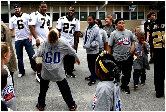 Green Park Elementary, Back to Football Friday Contest,  NFL Play 60, New Orleans Saints players, Malcom Jenkins #27, Leigh Torrence #24,Tracy Porter #22, Jerom Bushrod #74 and Thomas Morstead #6