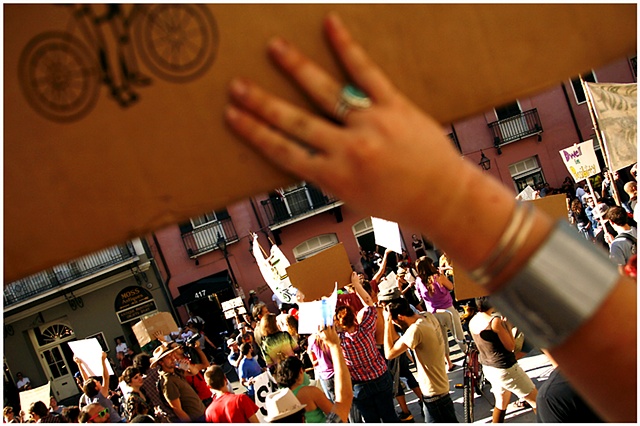 Hundreds of protestors gathered at Duncan Plaza to march in New Orleans in support of, and in conjunction with, the Occupy Wall St. movement which started in New York. The march made its way through the French Quarter ending outside of the Federal Reserve