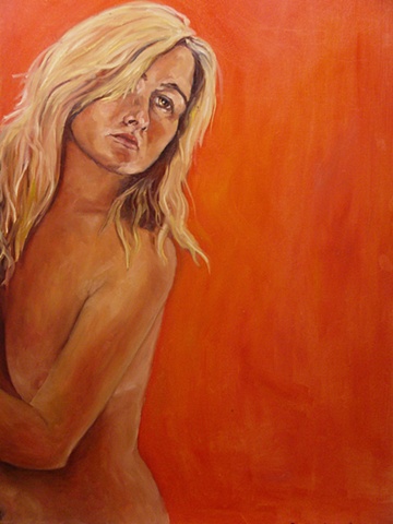 Oil painting of young woman leaning forward by Maggie Wolszczan