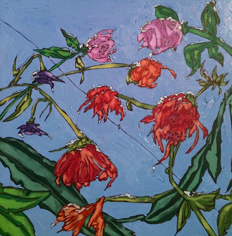 Wilting dahlia, first frost, art margaux, oil flower painting, winter, dead flowers