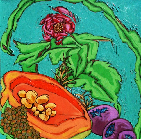 fruit oil painting, art margaux, maggie wolszczan art, leaves, flowers, blueberries, melon, yellow