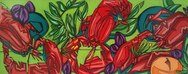 Lobsters, red, oil painting, seafood