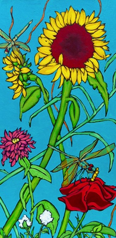 art margaux, maggie wolszczan, sunflowers, dragonflies, oil painting, art