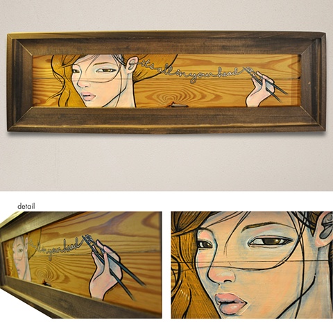 asian girl painted on wood panel acrylic it's all in your head