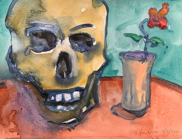 Still-life with Skull and Red Flower