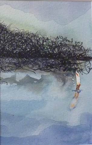 egret, bird, water, watercolor, landscape, blue, ink, sky