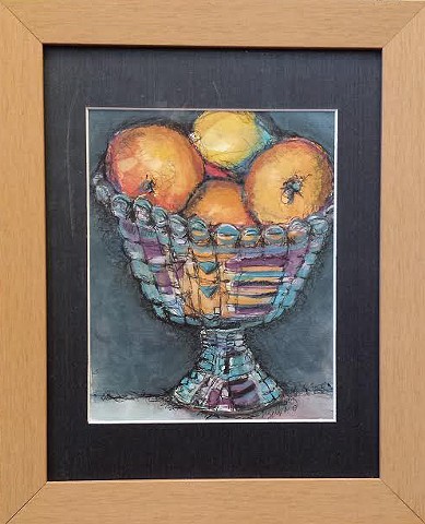 fruit bowl, still life, watercolor, ink, oranges