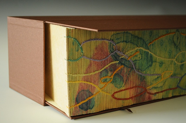 Artist Book bound with inventive coptic stitch over hand printed collagraph glued on each folio edge.