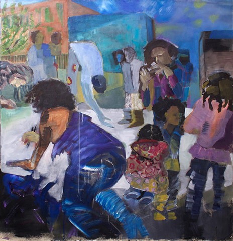 Children and adults of different races make art in Harlem together. 