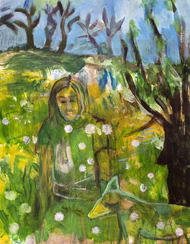 small acrylic painting on paper of a field of dandelions and in the spring