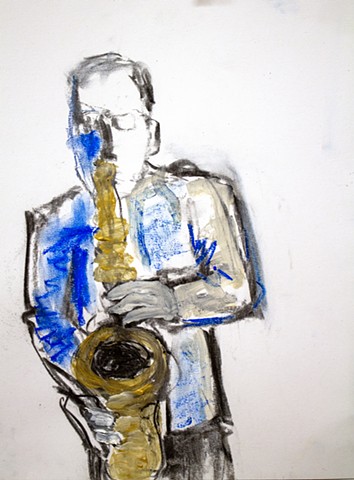 Trumpet Player, gold and blue