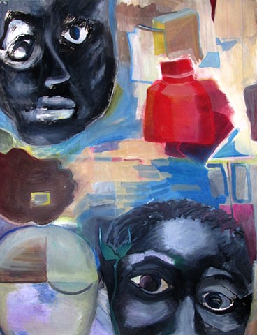 large painting on paper featuring black faces on red background.