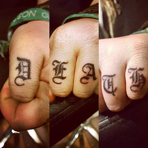 death tattoo, knuckle tattoo, old english font, old english tattoo, handpoked tattoo, handpoking, handpoked