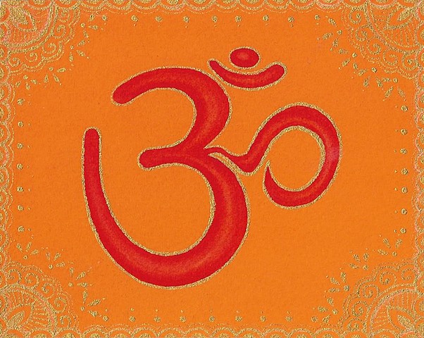 Watercolor painting Hindu Om with gold design details