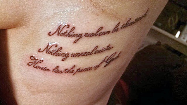 A Course in Miracles Quote tattoo, handpoked, traditional, handpoking, script, cursive, rib tattoo, stick n poke tattoo, 