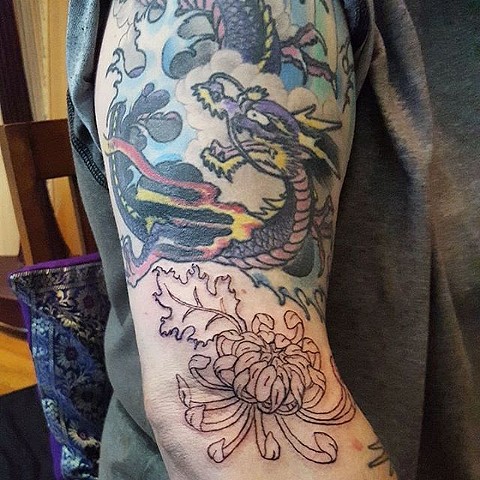 tattoo, machine, machine work, japanese sleeve, chrysanthemum, chrysanthemum tattoo