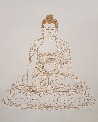 buddha, inked buddha, robed buddha, gouache on paper, siddhartha buddha, sakyamuni buddha