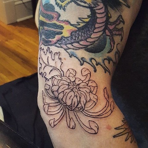 tattoo, machine, machine work, japanese sleeve, chrysanthemum, chrysanthemum tattoo