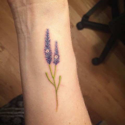 tattoo, handpoking, handpoked, handpoked tattoo, traditional tattoo, lavender, lavender tattoo, flower tattoo, touchup