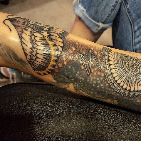 tattoo, handpoking, handpoked, handpoked tattoo, traditional tattoo, mandala, mountains, moth, rune, runic tattoo