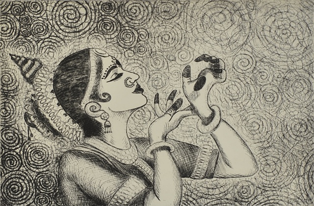 Mahari, indian dancer, indian woman, dancer, india, magic, spirals, etching, printmaking
