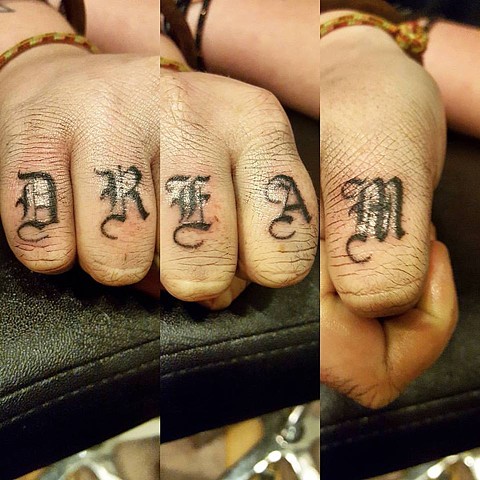 dream tattoo, knuckle tattoo, old english font, old english tattoo, handpoked tattoo, handpoking, handpoked, dream text tattoo