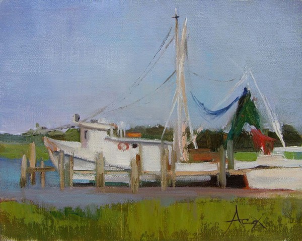 A plein air painting of a fishing vessel docked at Crosby's.