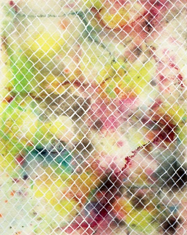 untitled (white mesh over pink, yellow, green, grey)