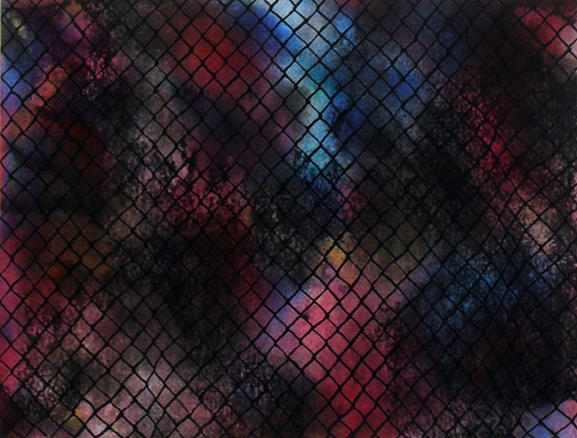 untitled (black mesh over purple, blue, red, black)