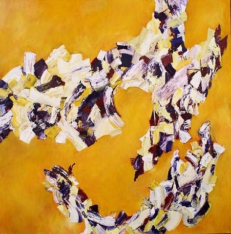 gold field with 2 violet, white and yellow figures