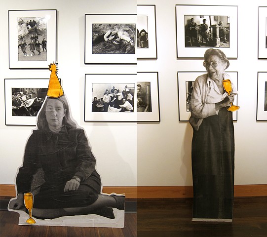 Cut-outs of Provincetown artists from the 1950s mounted on wood. Partying. Installation view at the Provincetown Arts Association and Museum, 100 Year Celebration. Photograph exhibition by Constantine Manos. #MaryHackett #FerolWarthen