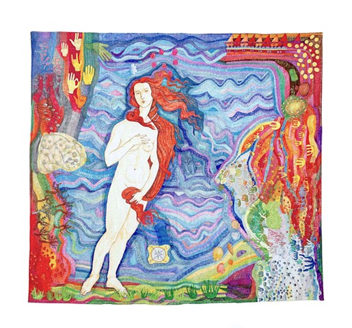 Provincetown Venus is a drawing on a bed sheet, double-sided, by Zehra Khan. It depicts Boticelli's Venus in an imaginary seaside landscape. #venus #boticelli #zehrakhan #provincetown #bedsheet #sharpieart  Artwork by Zehra Khan. #quilt #fakequilt #fakete