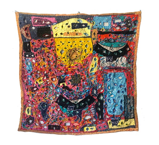 Pussy Quilt, aka Sampler, Age 37 is embroidery and acrylic paint on personally significant pieces of cloth, by Zehra Khan. #zehrakhan #textileart #contemporaryart #faketextiles #fakeries #autobiographicalquilt #www.zehrakhan.com @zehrakhanart #artwork 