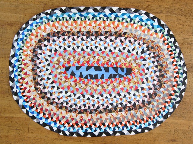 Dirty Rotten Teeth, by Zehra Khan, is collaged paper to form a braided circle rug, 34x 48", 2015.  Fake braided circle rug made out of old paintings, drawings, photocopies, elementary school notebooks, maps, and exhibition postcards. www.zehrakhan.com Art