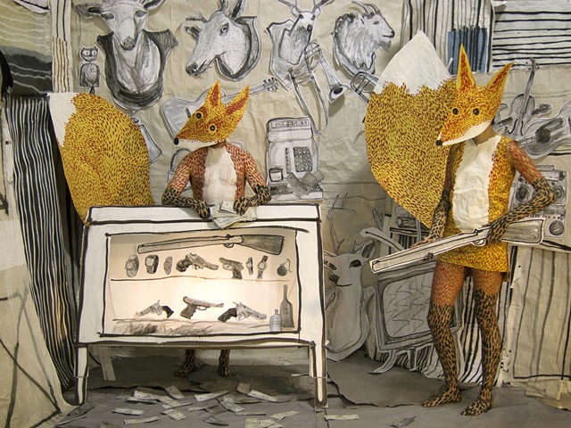 The Pawn Shop - Fox Proprietors, mixed media installation and performance, Zehra Khan & Tim Winn. #Zehra Khan #installation #performance #costume #photograph #animal #beast #bodypainting #art #piano #playing #rat #mask #painting #drawing #film #zehrakhan 