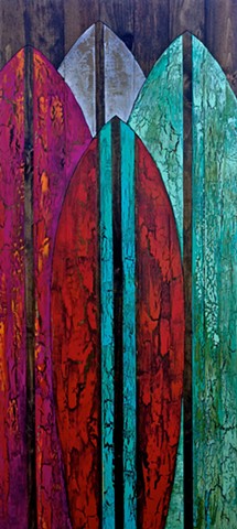 contemporary Abstract Art, wood, surf, surfboard, circles, spheres, flowers, floral, jackson pollack, sunset, Ocean, modern, blue, orange, green, copper, turquoise, yellow, orange, contemporary art, abstract, san diego, san diego artist, affordable art, b