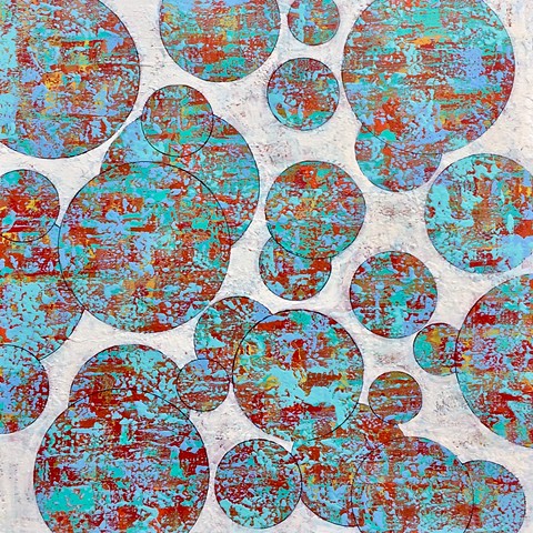 coastal, contemporary Abstract Art, circles, spheres, flowers, floral, jackson pollack, sunset, Ocean, modern, blue, orange, green, copper, turquoise, yellow, orange, contemporary art, abstract, san diego, san diego artist, affordable art, bright, colorfu