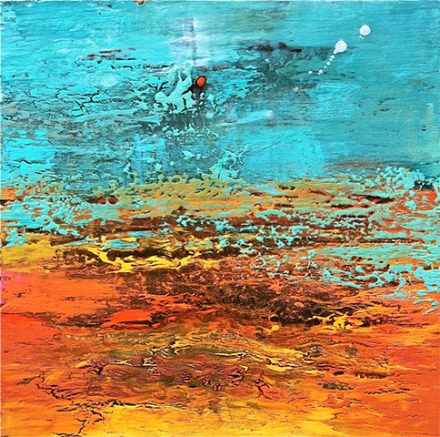 contemporary Abstract Art, flowers, floral, jackson pollack, sunset, Ocean, modern, blue, orange, green, copper, turquoise, yellow, orange, contemporary art, abstract, san diego, san diego artist, affordable art, bright, colorful, non-representational abs