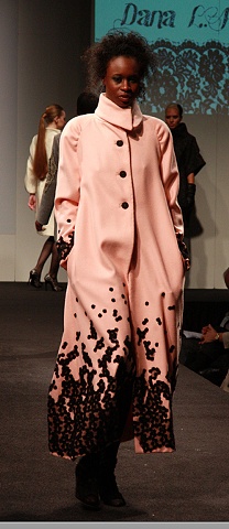 Pink Raglan Sleeve Coat with Black Floral Mesh Applique 