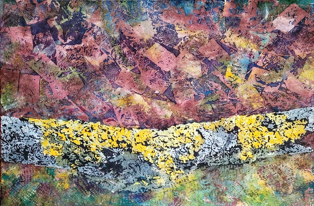 A mossy log reflected in the bog of an uncertain forest. (Batik, 61 x 46cm), 2021.